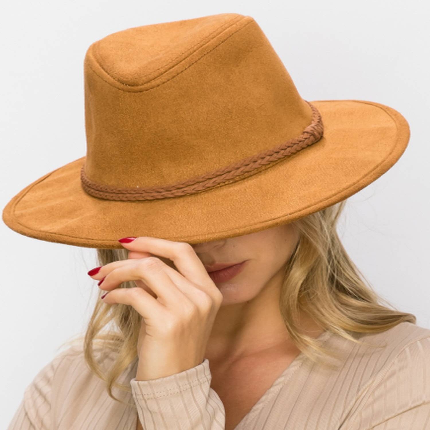 Queens INC - Wholesale Hat Accessory - Women's - Stiff Brim Rancher in  Suede Hat W/ Braided Suede Belt7