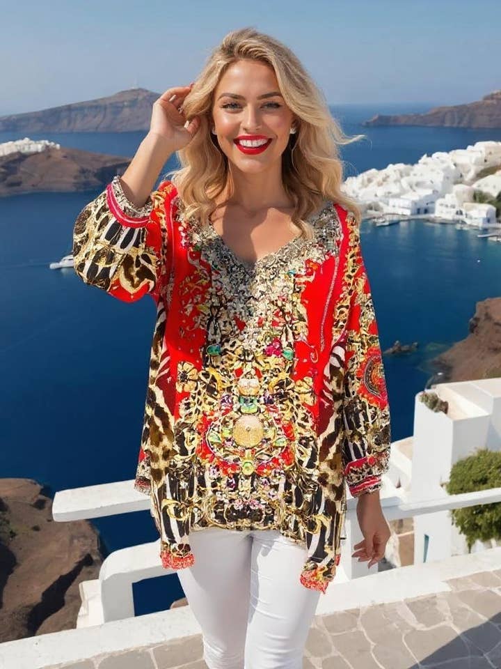 Tuinplezier (rood) Zijde Zigeuner Top voor wholesale door Kaftans that Bling