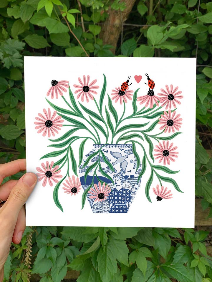 Ladybird love art print, 8 x 8 inches, botanical art, flower for wholesale by Holly Maguire