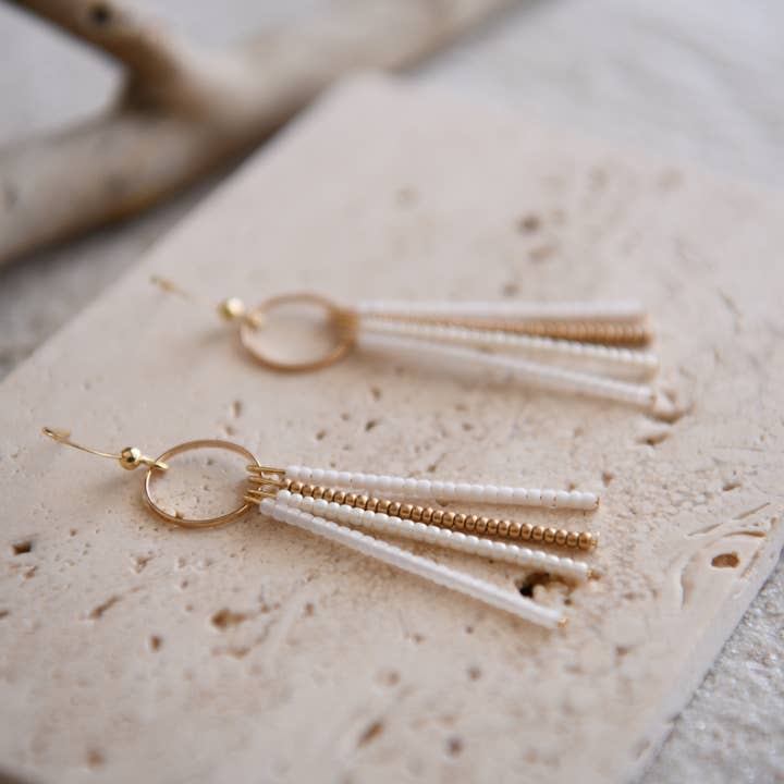 Seed Bead Fringe and Gold Hoop Earrings for wholesale by Cecelia Designs Jewelry