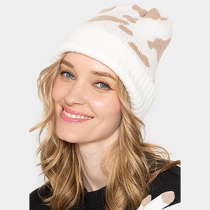 Sensibling Corp. - Wholesale Beanie - Women's - Cow Patterned Ribbed Knit Cuff Beanie Hat2