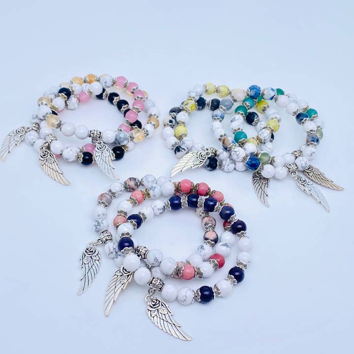 Mio Queena - Wholesale Beaded Bracelet - 8mm Natural Stone Elastic Bracelets Wing Pendant