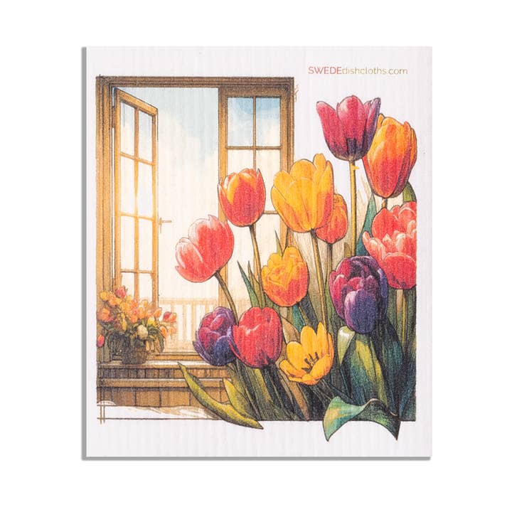 Swedish Dishcloth Tulips at Window for wholesale by SWEDEdishcloths