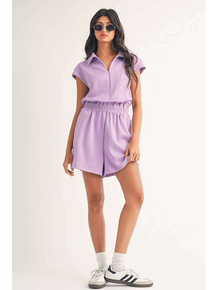 Orchid Bouquet LDC Zipper Collared Elastic High Waist Romper for wholesale on Faire