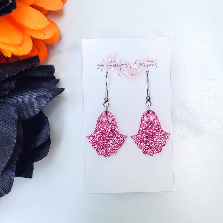 Pink Glitter Acrylic Halloween Ghost Earrings for wholesale by A Glamper's Creations LLC