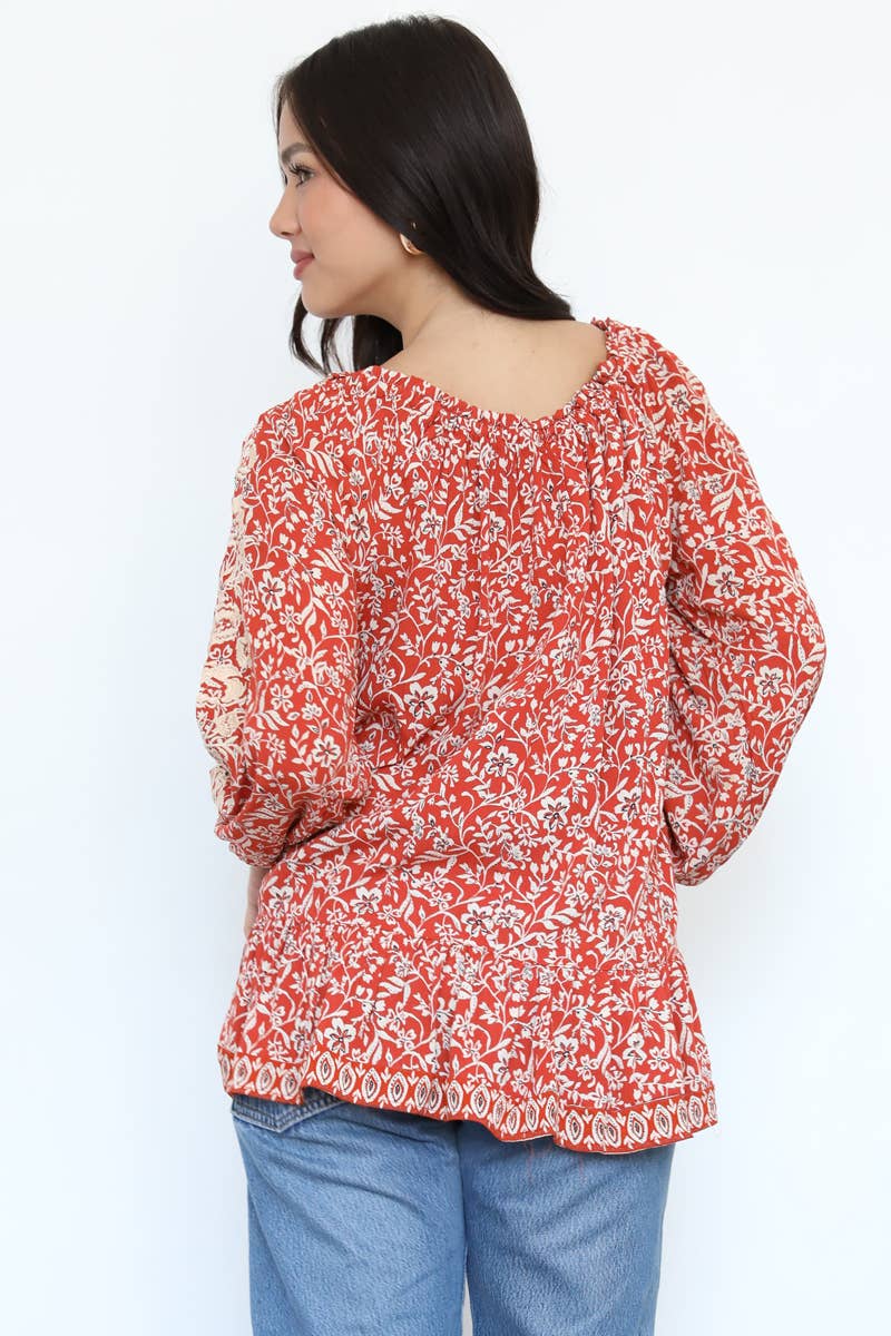 Nostalgia - Wholesale Blouse - Women's - N2W19-FR00 EMBROIDERED SLEEVES PRINTED BLOUSE4