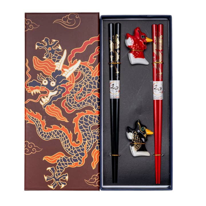 Oriental Dragon 2 Pair Chopsticks and Chopsticks Rests Gift Set (1/80) for wholesale by Urban Tokyo
