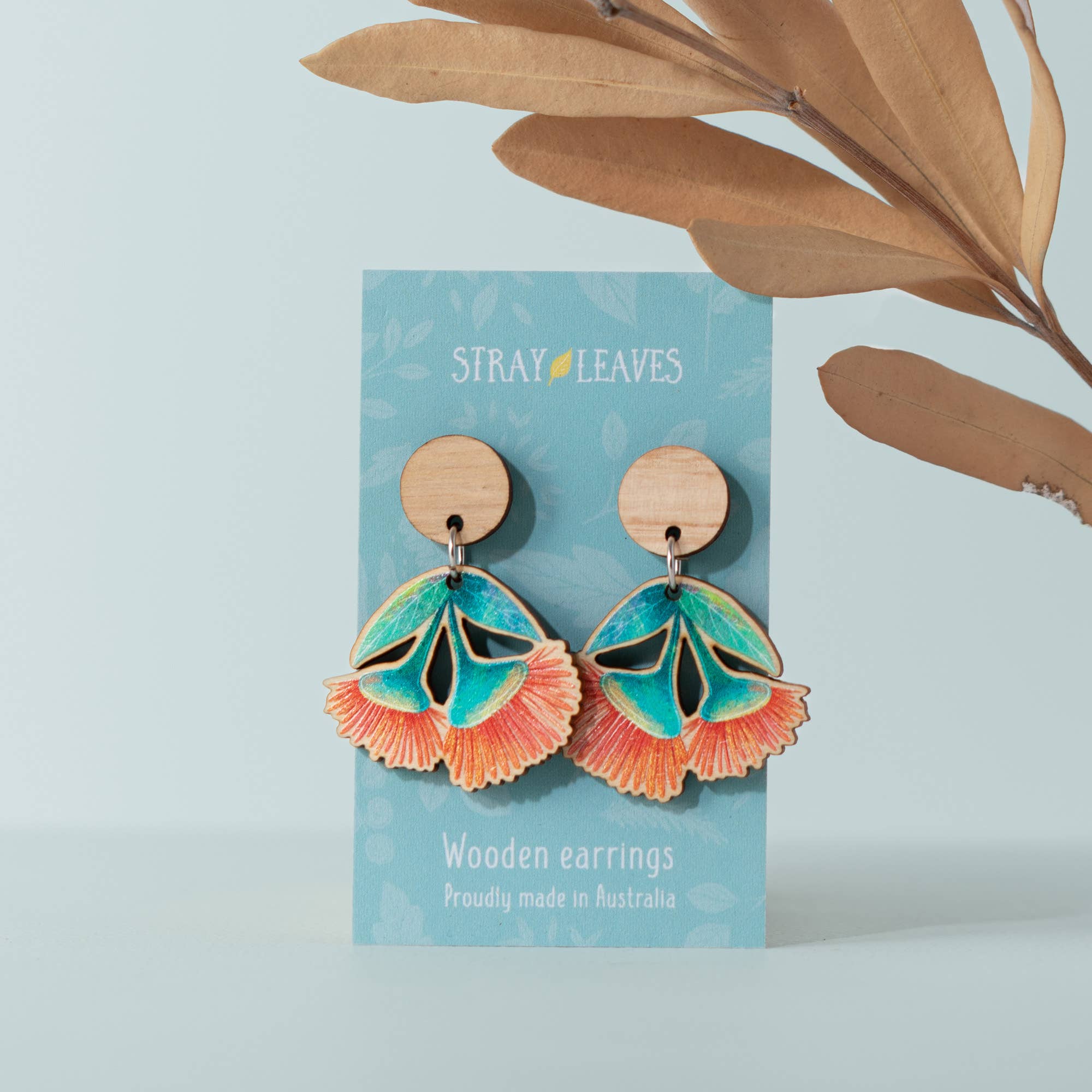 Stray Leaves - Wholesale Dangle earrings - Australian red gum blossom wooden statement earrings