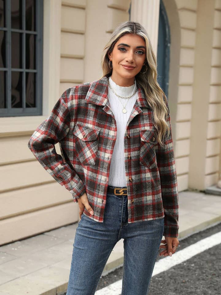 Lovesoft - Wholesale Shirt Jacket/Shacket - Women's - Long Sleeve Loose Pocket Plaid Top Wool Jacket