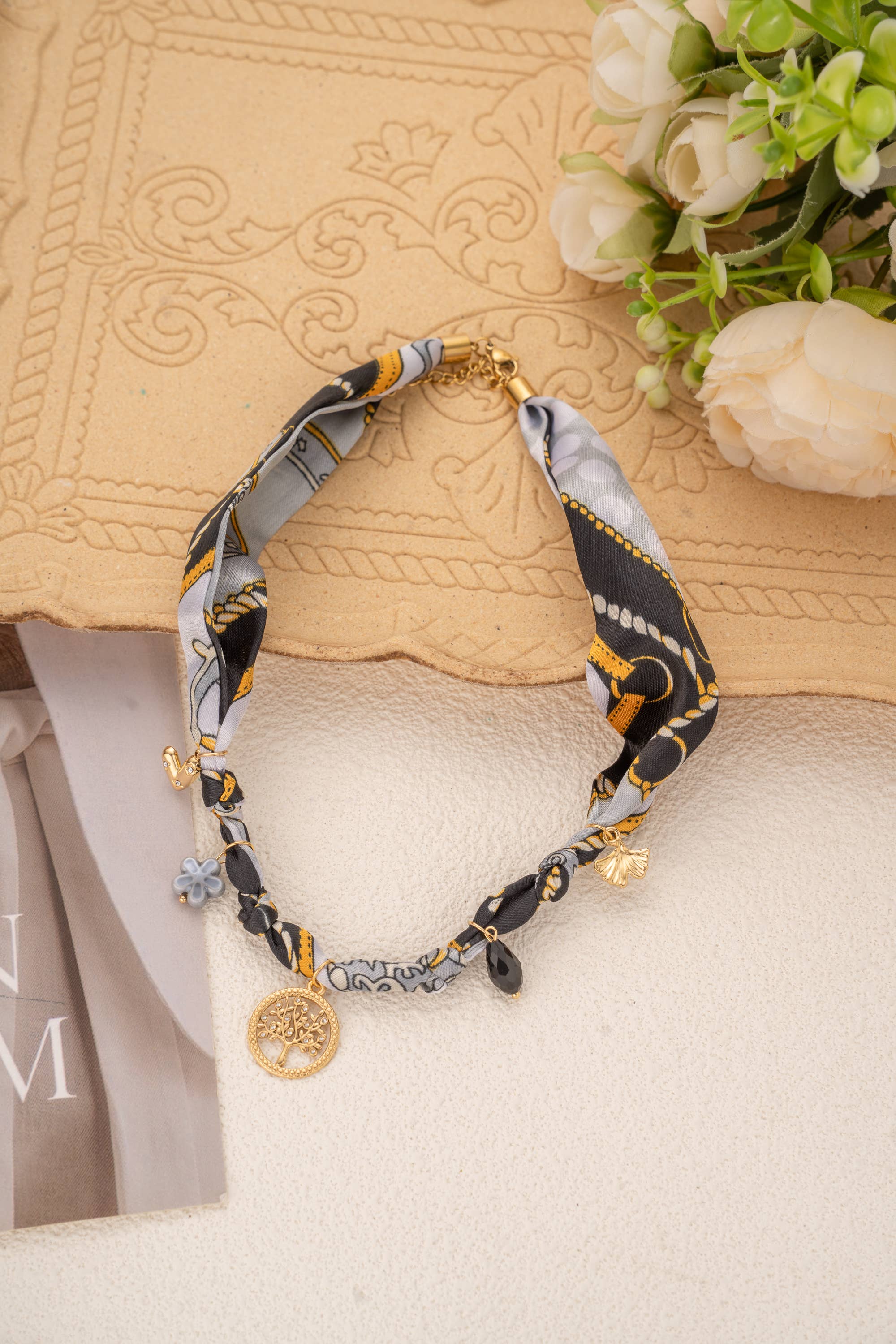 COSMOS - Wholesale Pendant/Charm Necklace - Golden scarf necklace with tree of life charms in stainless steel1