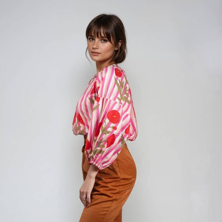 NO-B - Wholesale Blouse - Women's - Bohemian Blouse with Floral and Stripe Patterns | Akola-11
