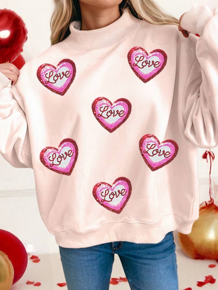 Sweatshirt de la Saint-Valentin à col montant avec cœur à sequins LDC pour la vente par Little Daisy Closet