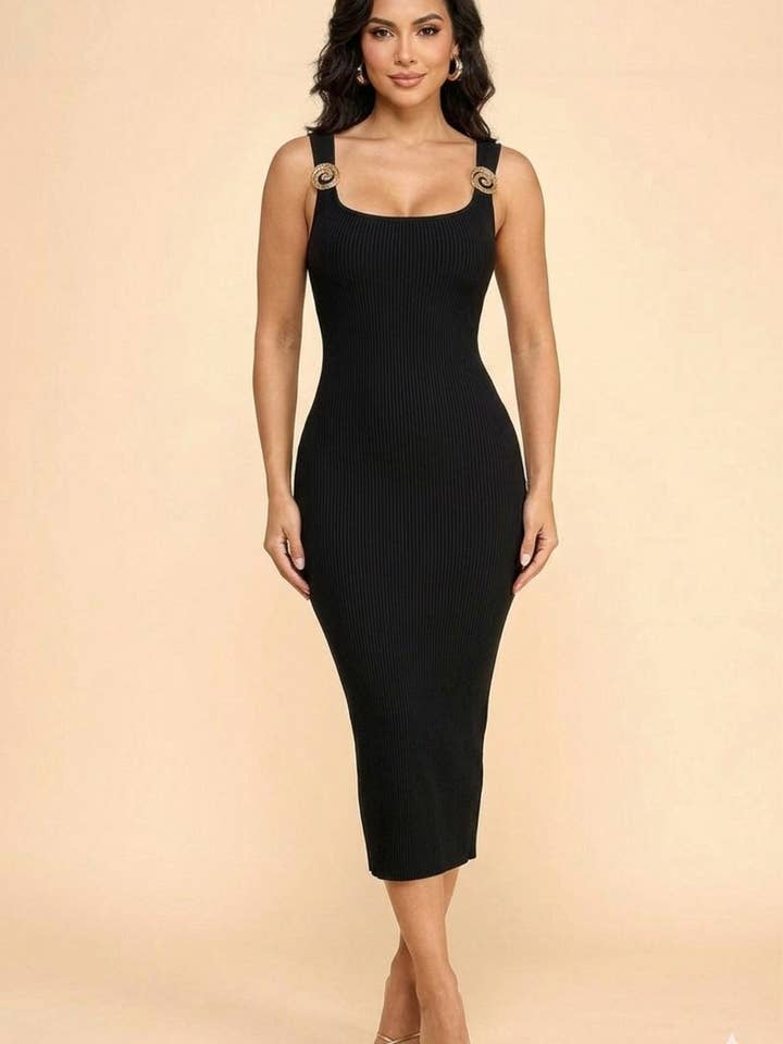 SLVLESS SWIRL TRIM BODYCON SIDE SLIT MIDI KNIT for wholesale by Hers & Mine