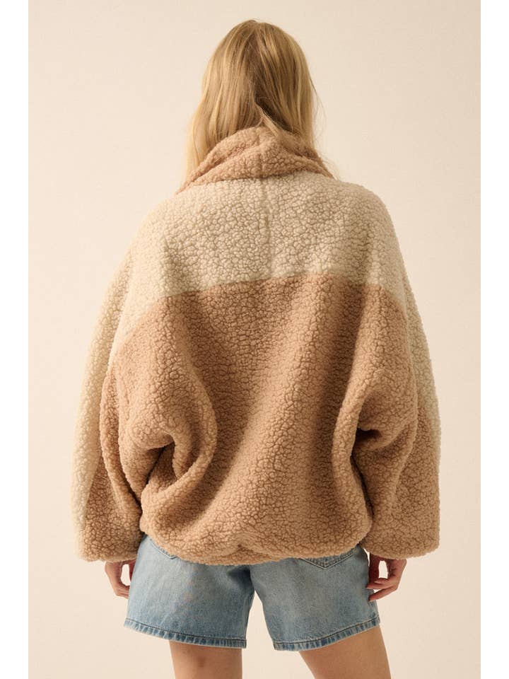 Coconut Milk Camel Colorblock Sherpa Fleece Zip-Up Jacket for wholesale on Faire10