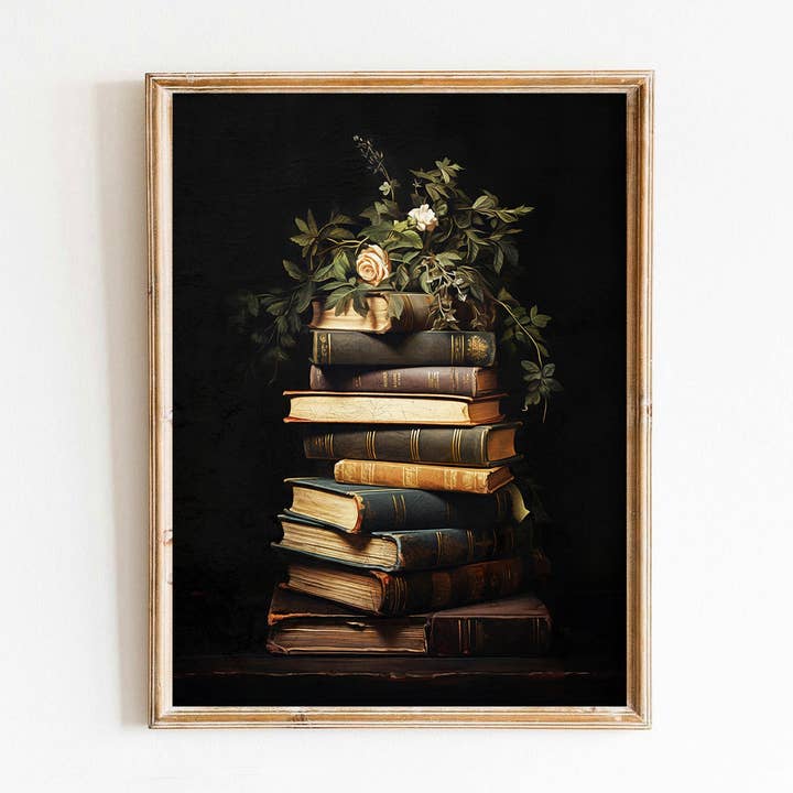 Impression artistique de livres empilés de l'époque victorienne avec des roses crème pour la vente par Paper House Print Shop