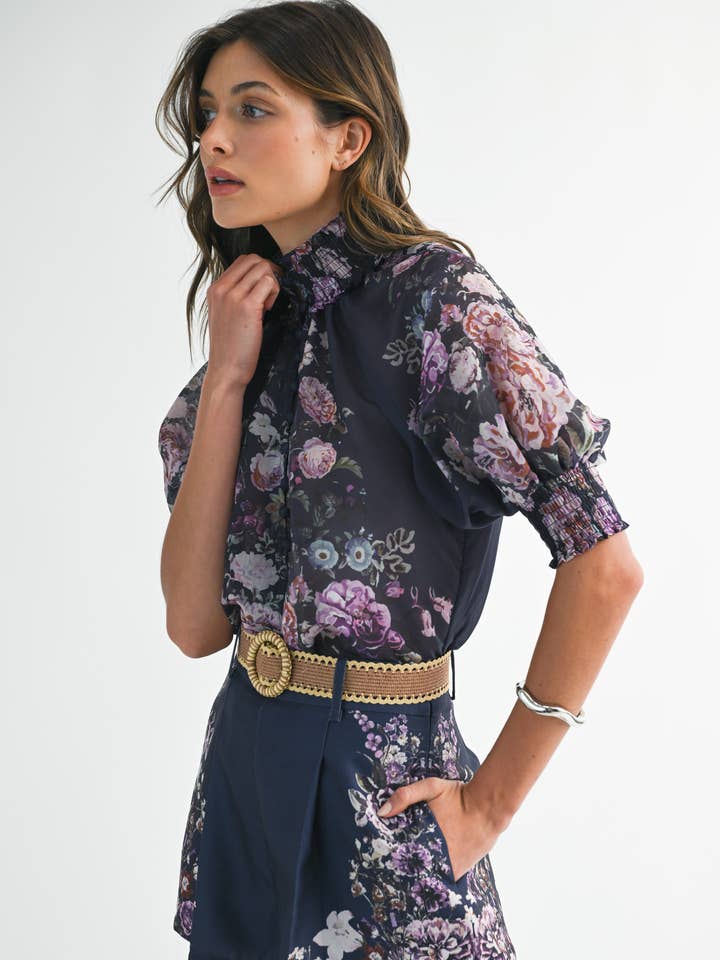 Floral Button up Top and Short Set LTP1901 for wholesale by EB LUXE