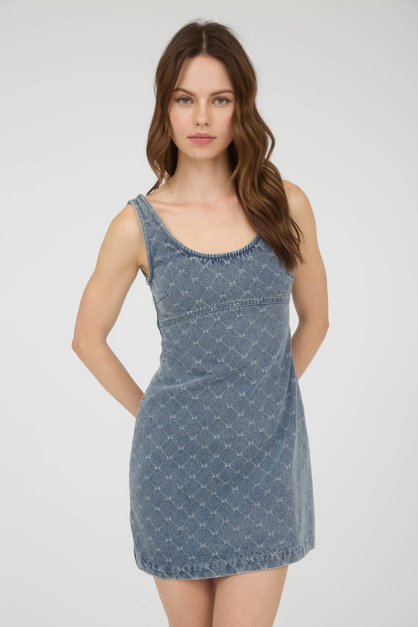 BOW PATTERN SLEEVELESS DENIM MINI DRESS for wholesale on Faire4