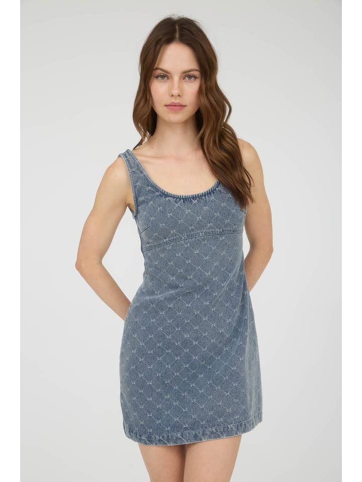 BOW PATTERN SLEEVELESS DENIM MINI DRESS for wholesale on Faire4
