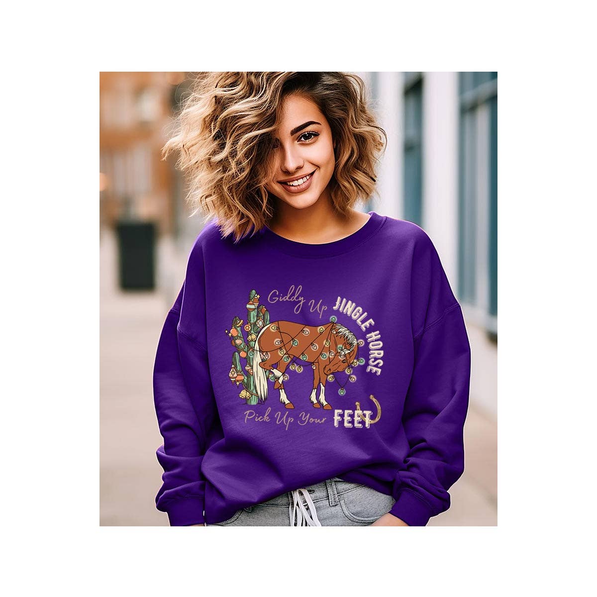 COLORBEAR – Engroshandel Grafisk Sweatshirt - Dame – Giddy Up Jingle Horse jule-unisex sweatshirt med fleece5