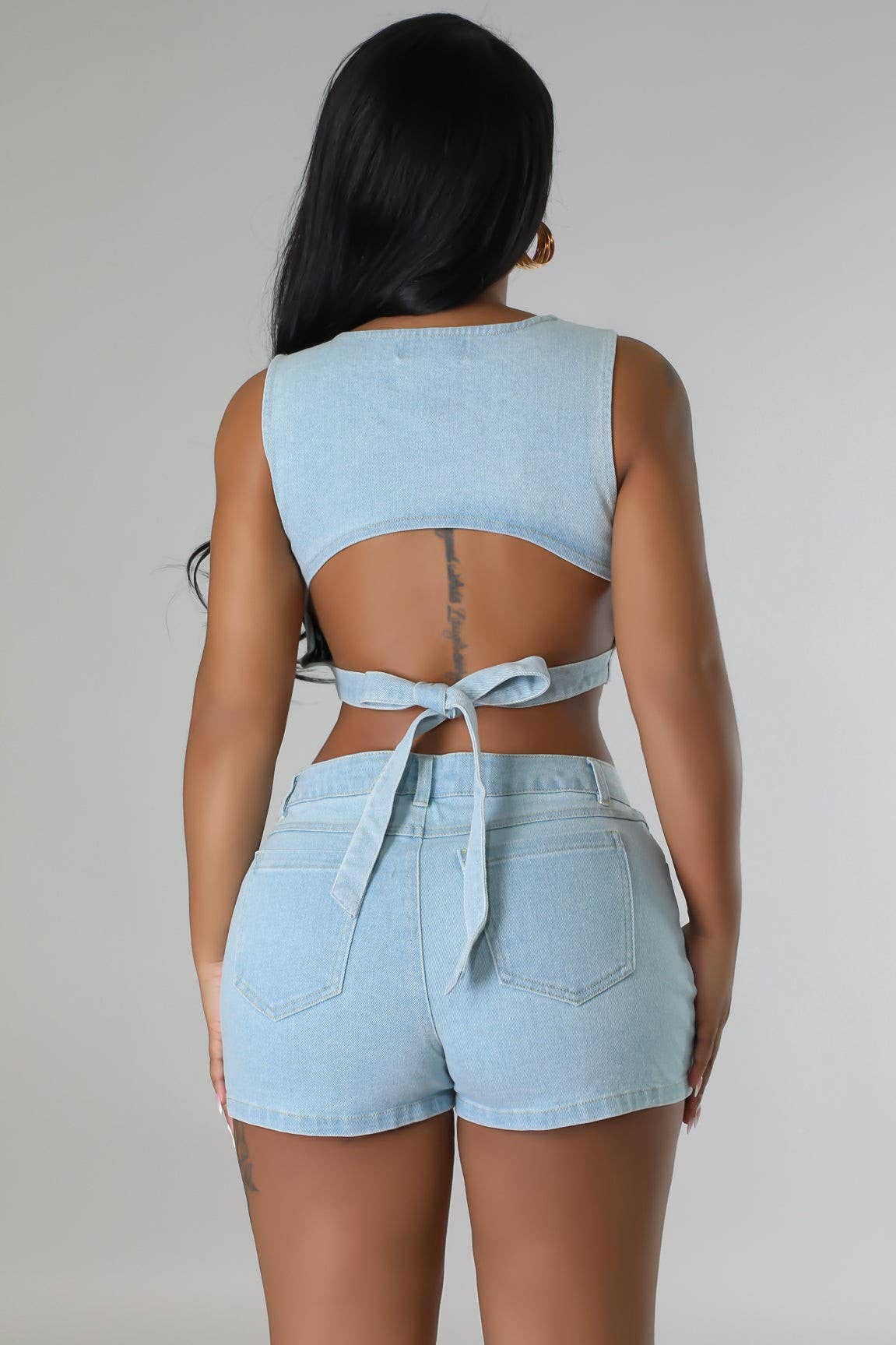 Denim clair Ensemble haut court et short en jean en vente sur Faire5