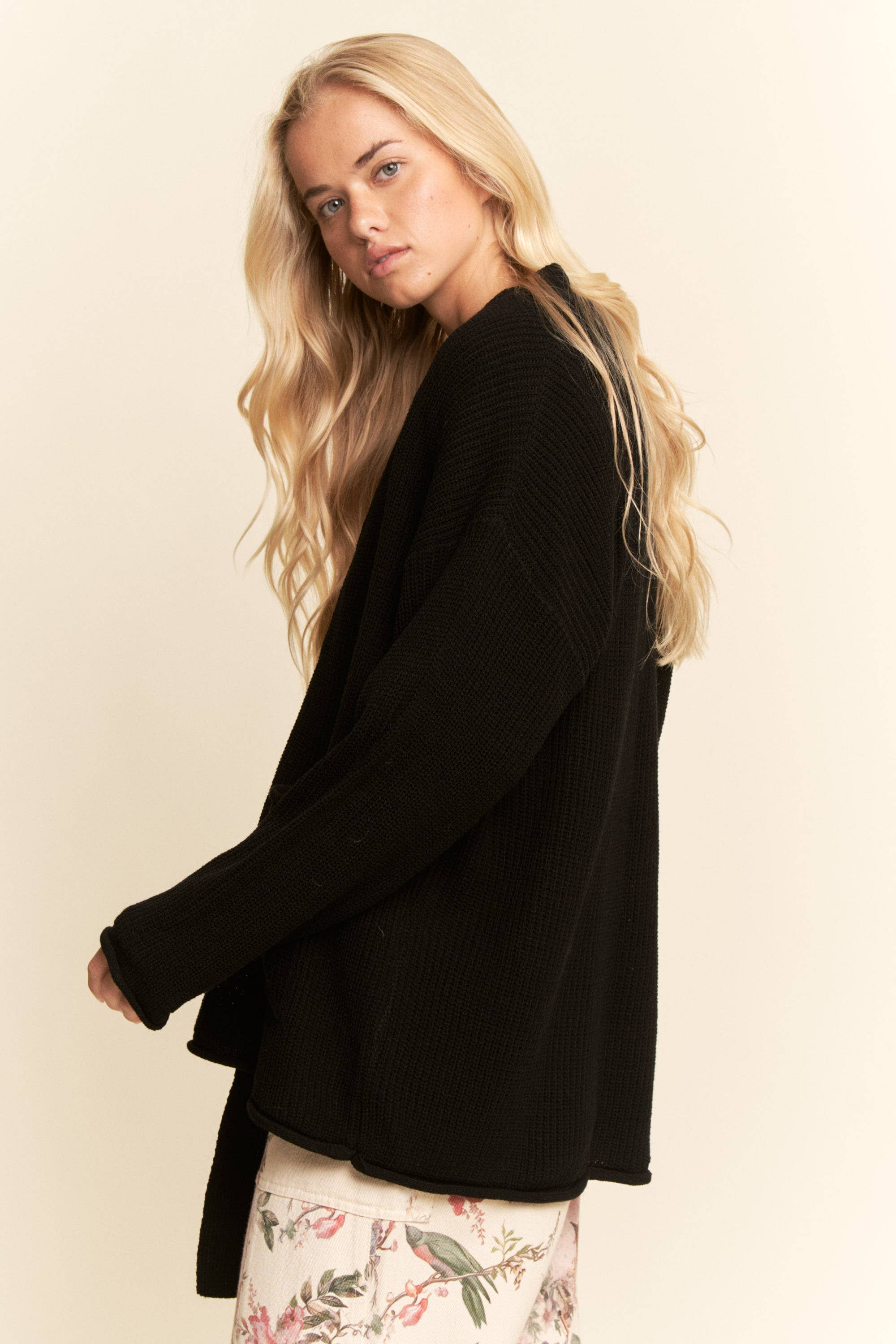 Black LONG OVERSIZED BUTTON-UP CARDIGAN RIBBED TEXTURE for wholesale on Faire2