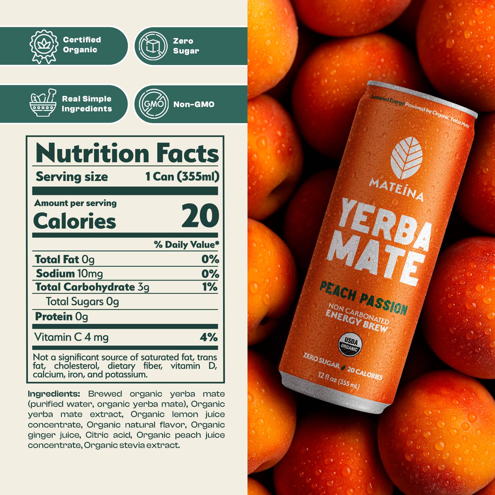 Mateina - Wholesale Sports/Energy Drink - Peach Passion | Mateina Yerba Mate 12 Pack (12oz Cans)1