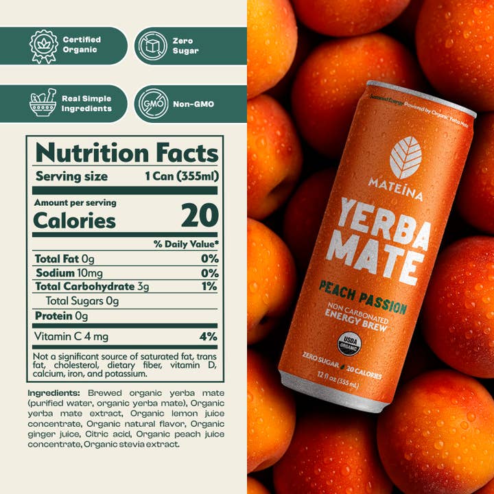 Mateina - Wholesale Sports/Energy Drink - Peach Passion | Mateina Yerba Mate 12 Pack (12oz Cans)1