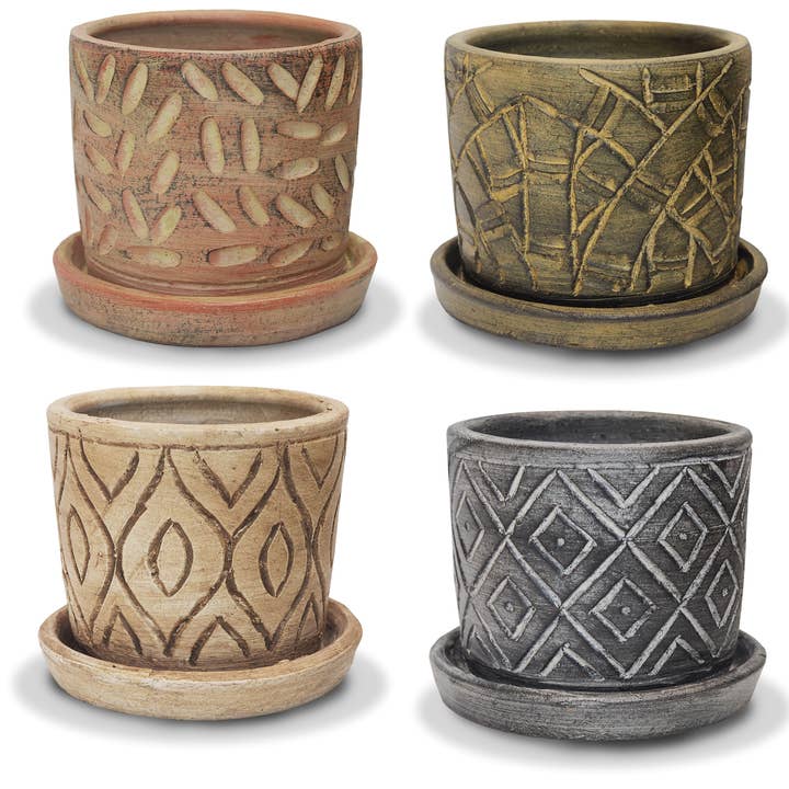 Carved Thai Cylinder Pots W/ Saucers - Earth Tones Asst for wholesale by Ceramo Pottery