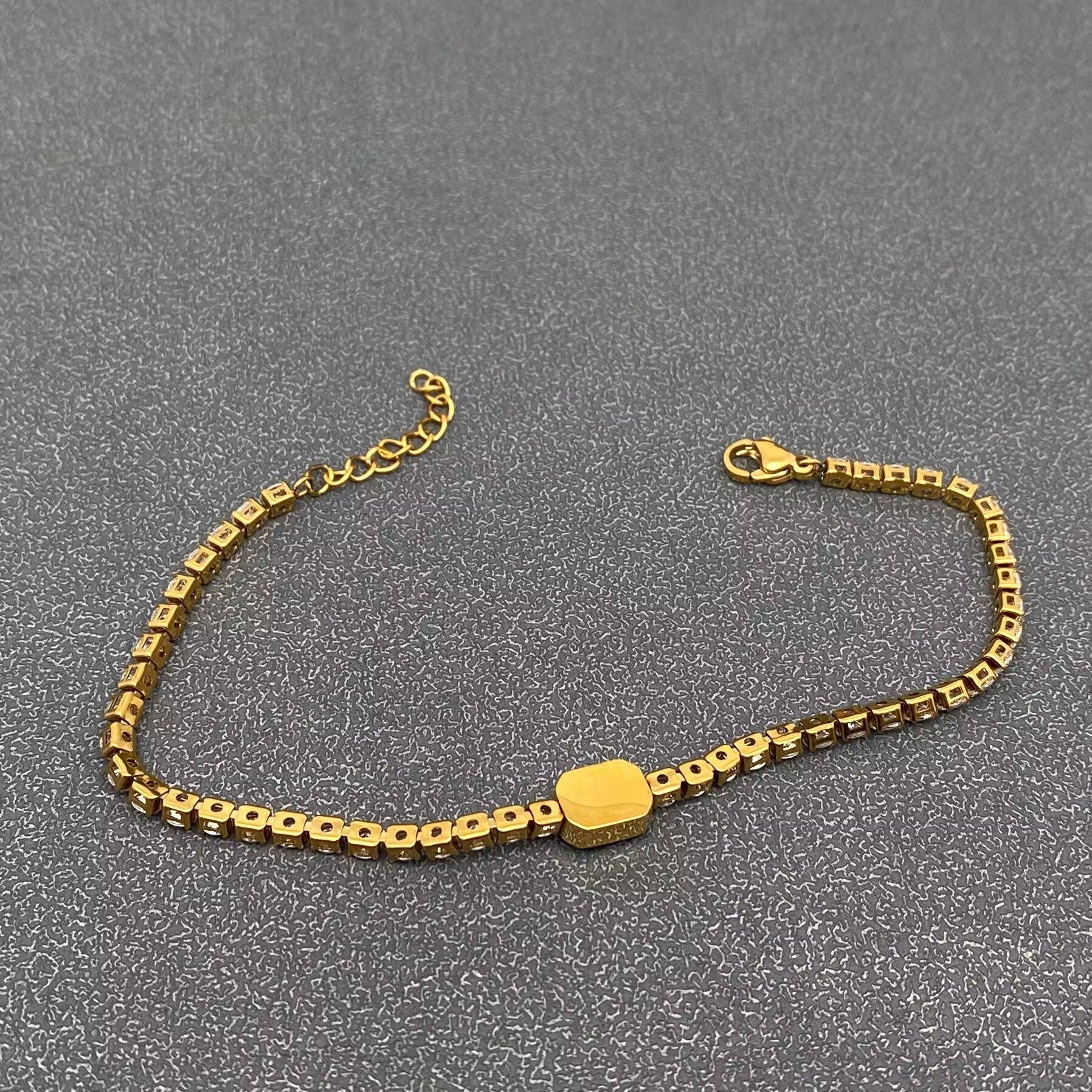 Mio Queena - Wholesale Link & Chain Bracelet - Full Zircon 3mm 18K Gold Plated Stainless Steel Bracelet-FGS6
