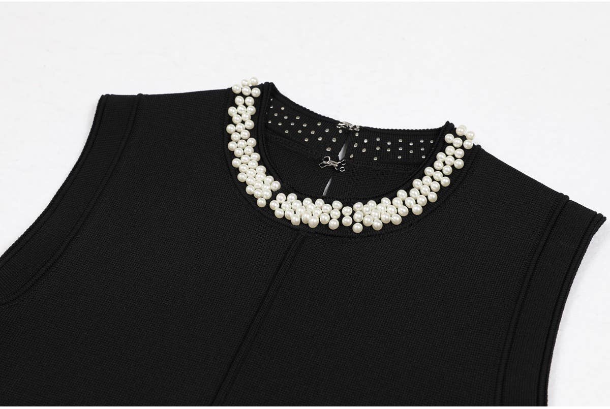 Nero DR608 Abito Corto Senza Maniche a Girocollo in Maglia di Perle Slim in vendita all'ingrosso su Faire1