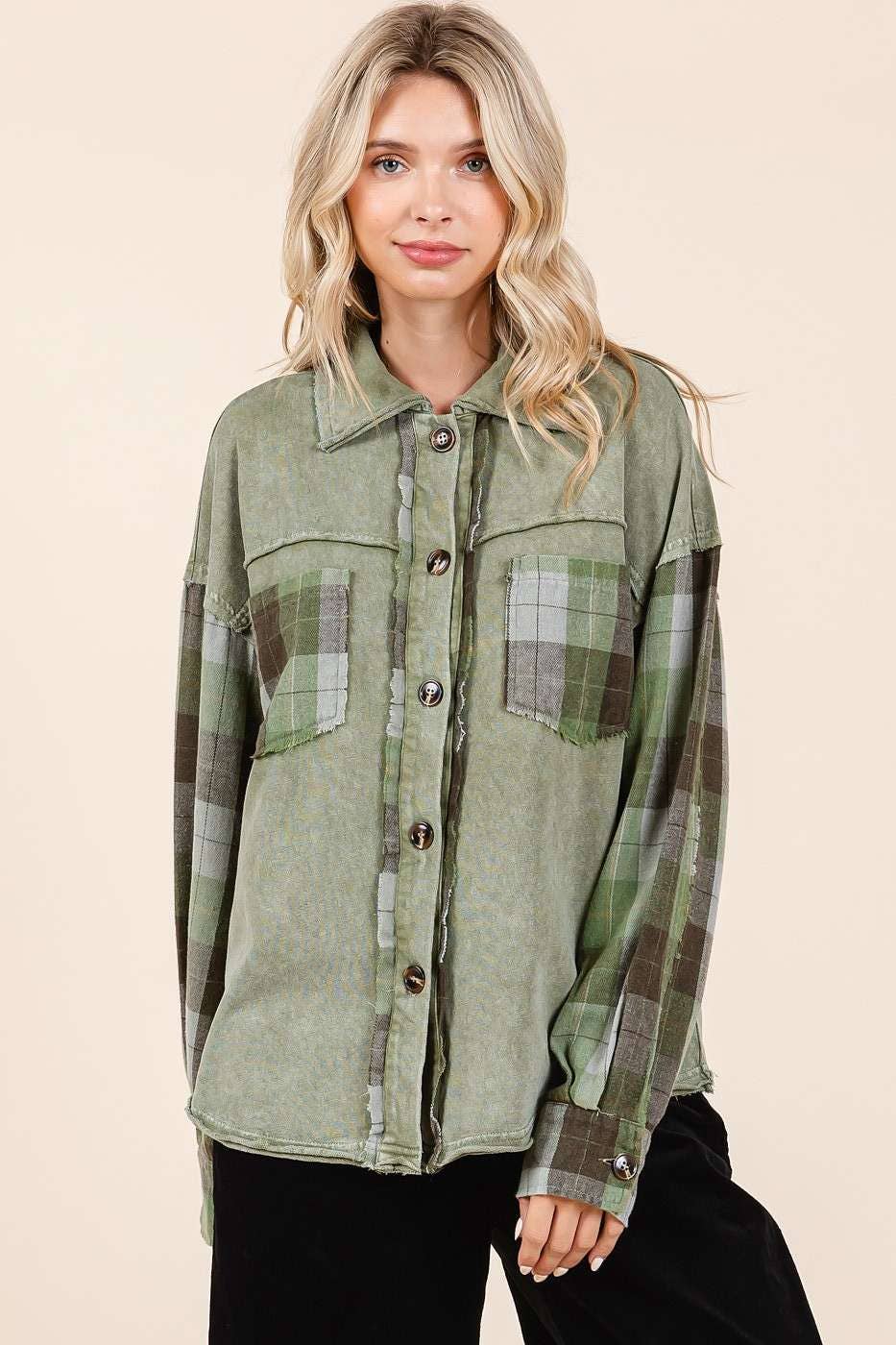 mittoshop - Wholesale Shirt Jacket/Shacket - Women's - MINERAL WASH CONTRAST PLAID PATCHWORK SHACKET7