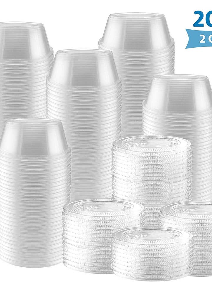200er-Pack mit 2 Unzen durchsichtigen Kunststoff-Behältern für Jello Shot Cups mit auslaufsicherem Schnappdeckel — Jello Shooter Shot Cups — FDA-geprüft — kompakte Aufbewahrung von Lebensmitteln zur Portionskontrolle, 2 Unzen, Saucen, Flüssigkeit, Dips für den Großhandel von singleware
