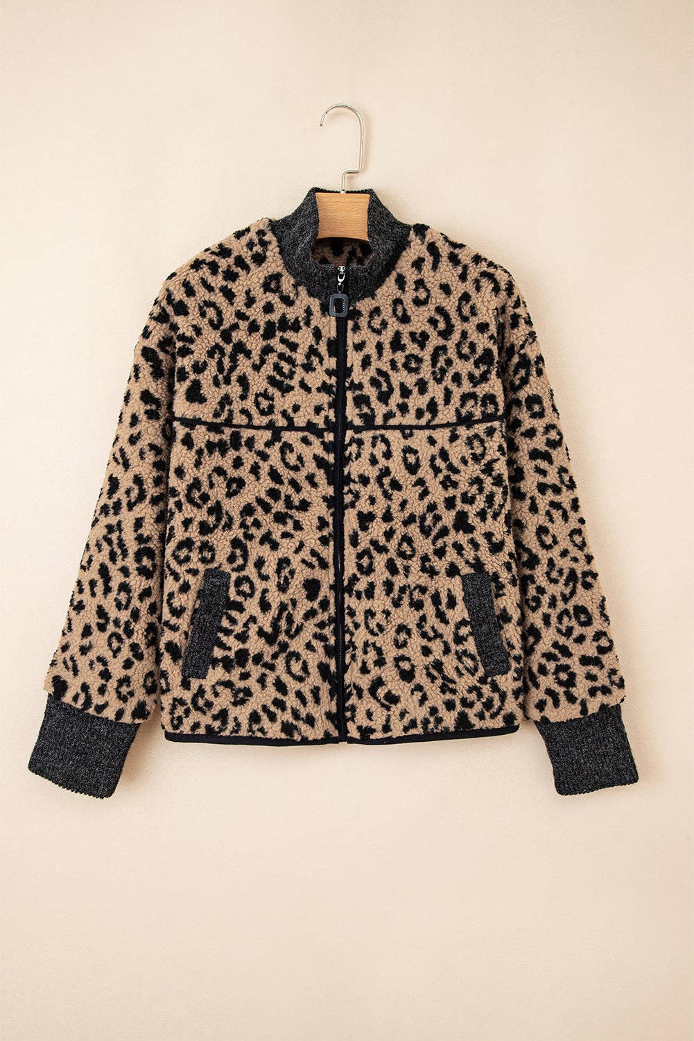 Khaki Leopard Zip-Up Side Pocket Jacket for wholesale on Faire8