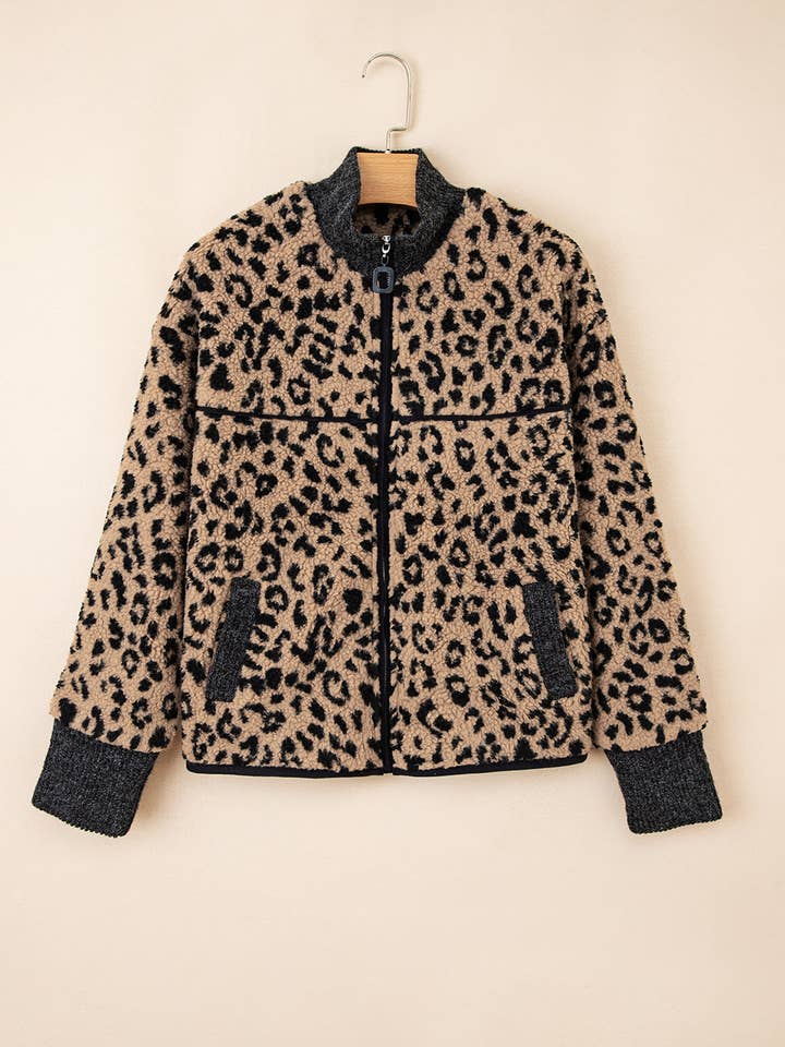 Khaki Leopard Zip-Up Side Pocket Jacket for wholesale on Faire8