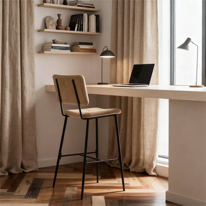 HOMYCASA DESIGN INC - Wholesale Stool - 2 Pcs Industrial Bar Stool & Cognac Faux Leather Upholstery