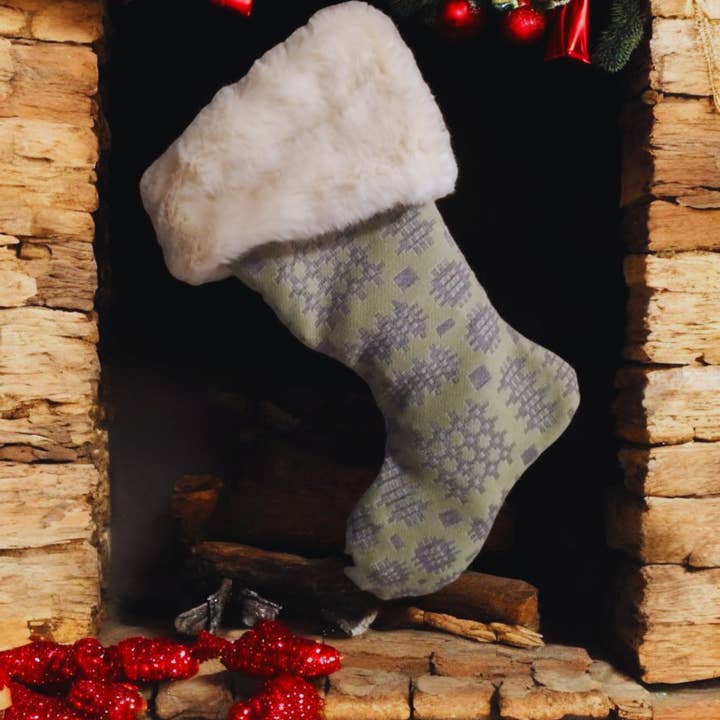 Green Welsh Tapestry Blanket design Christmas Stocking for wholesale by Moose & Co