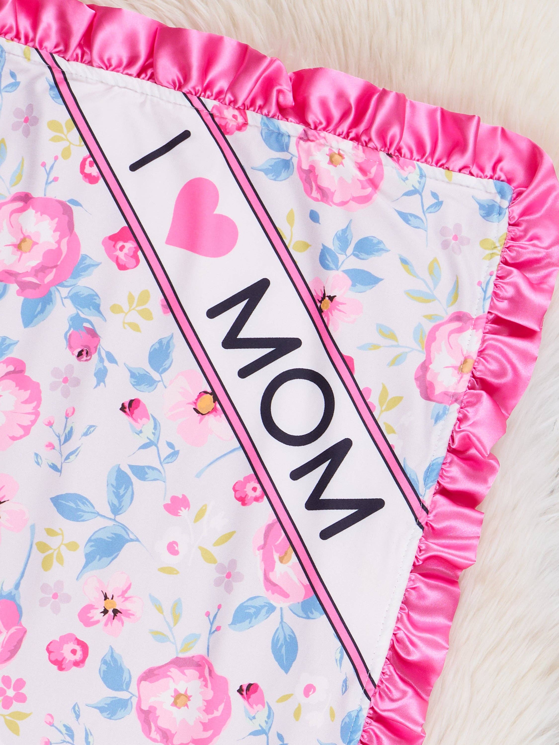 Marie Nicole Clothing - Wholesale Bedding Blanket - Kids & Baby - Sweet Pink Floral Mom Love Ruffle Minky Blanket1