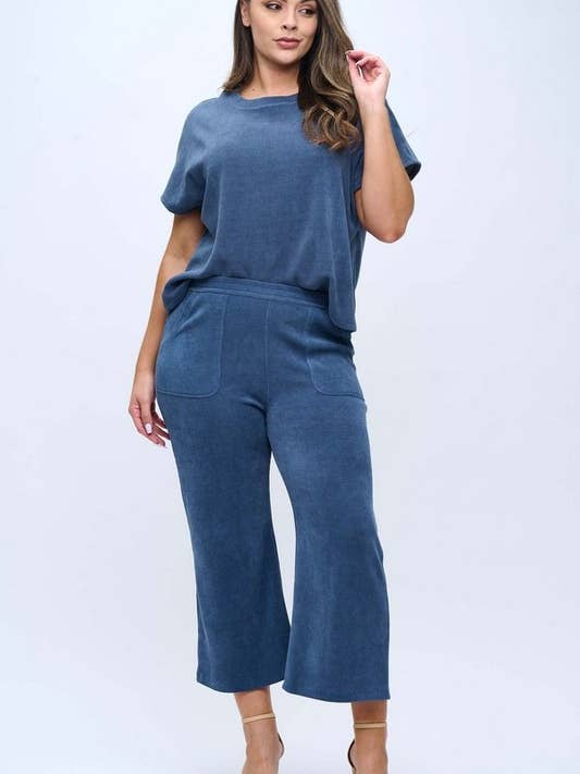 Corduroy Short Sleeve Top Cropped Pant Set Plus Size for wholesale by Yelete