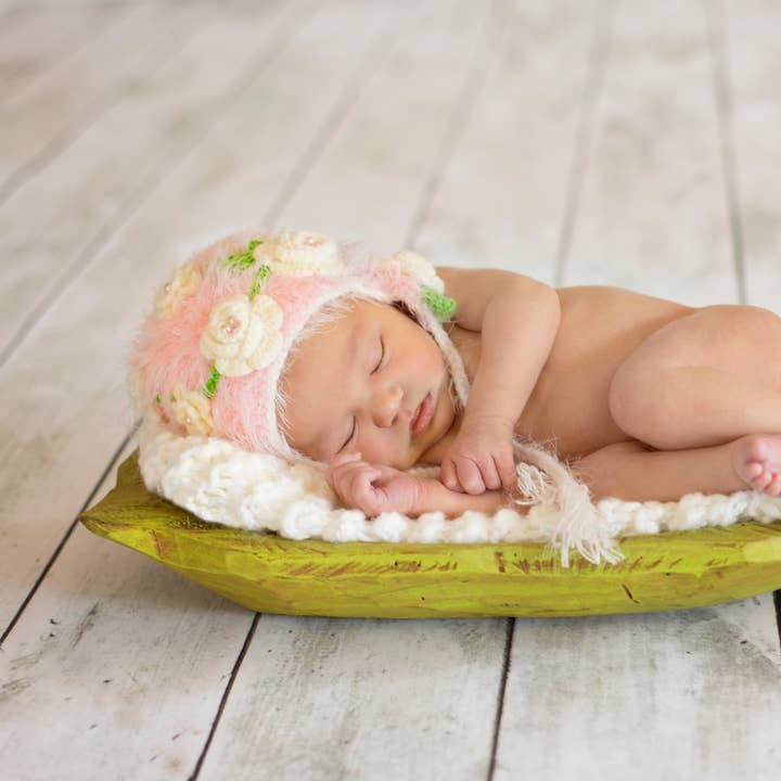 Pink Furry Pearl Flower Crocheted Handmade Heirloom Gift Hat for wholesale by The Daisy Baby LLC