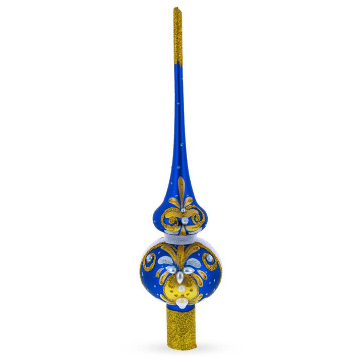 White Pearls with Golden Leaves on Blue Glass Christmas Tree Topper 11 Inches for wholesale by BestPysanky