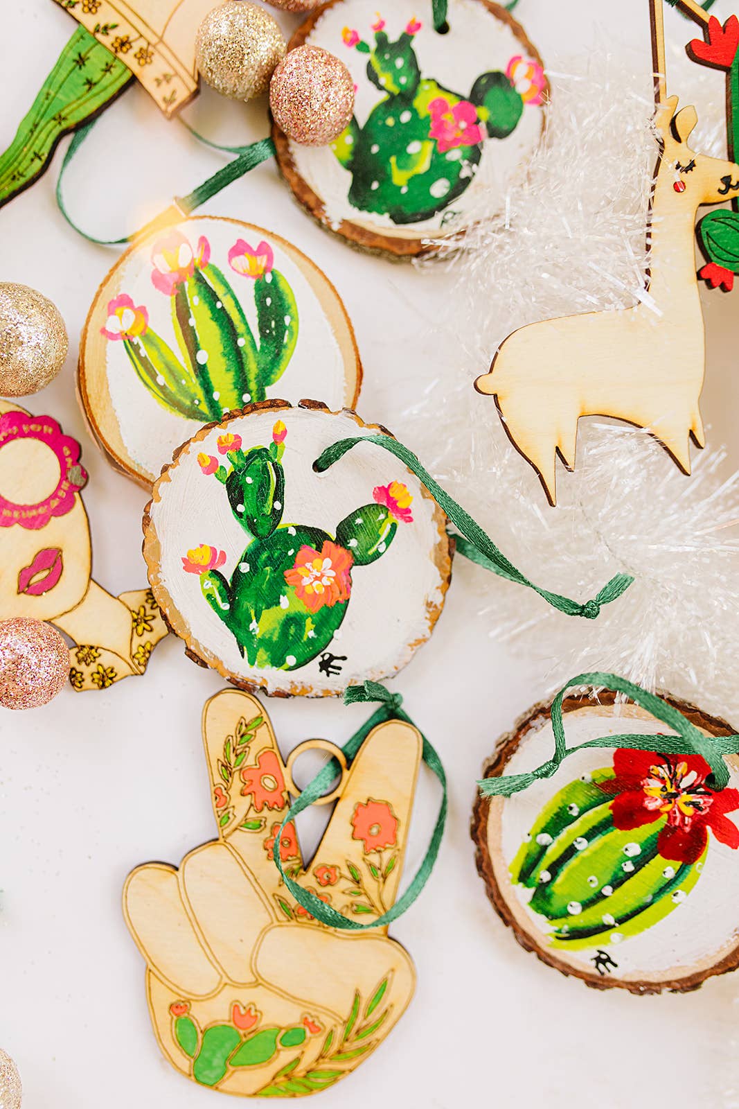 Pink Puddle Studio - Wholesale Ornament - Western Cactus Prickly Pear Wood Disk Ornament