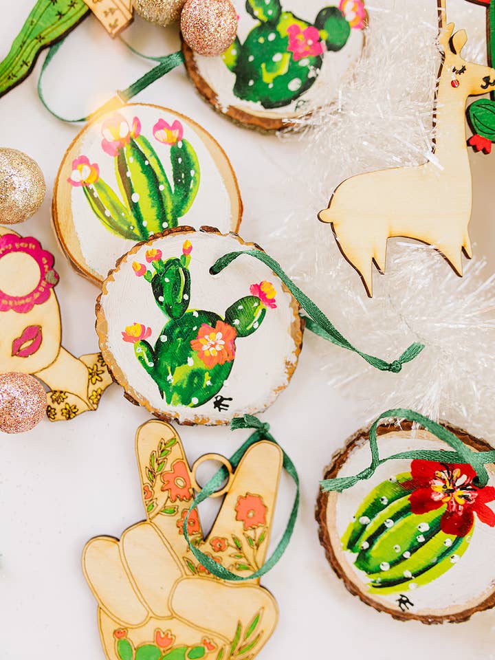 Western Cactus Prickly Pear Wood Disk Ornament for wholesale by Pink Puddle Studio