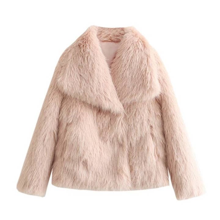 FurDecoration – Engroshandel Pels-/kunstpelsfrakke - Dame – Kort enkeltfarvet mode faux pelsfrakke med revers