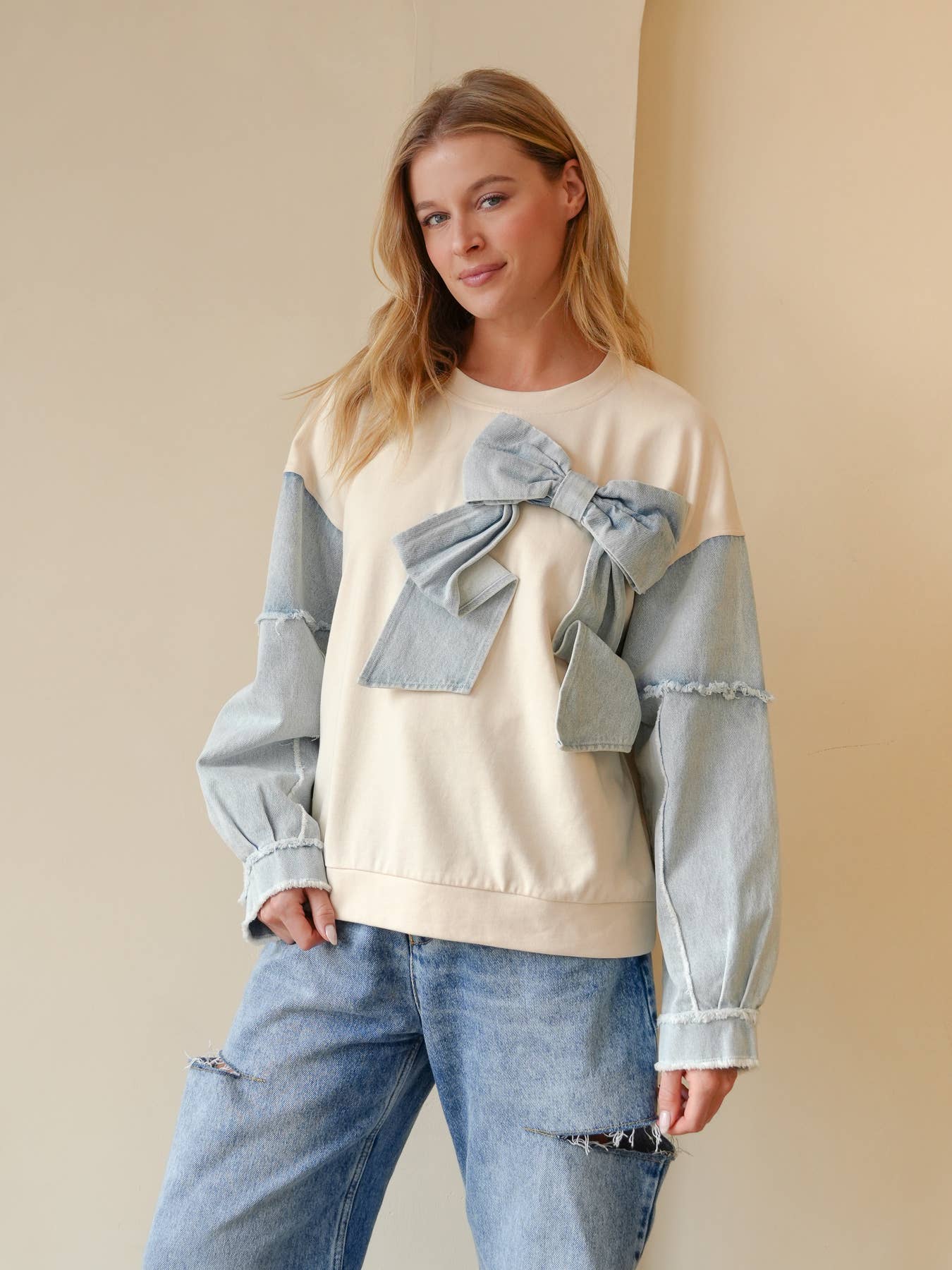 TRENDILITY - Wholesale Sweatshirt - Women's - TR2027-04_Mineral Washed Denim Bow Sweatshirt Top17
