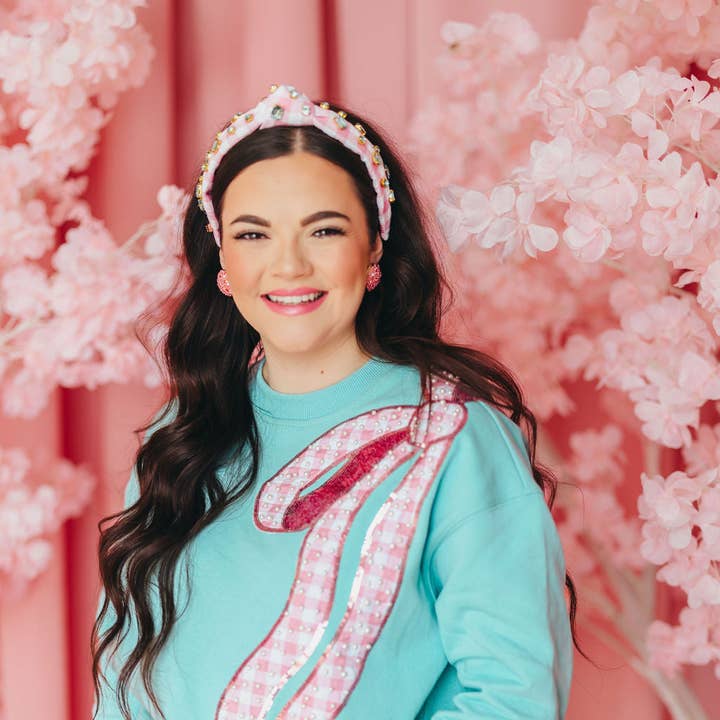 Robin Egg Blue Sweatshirt with Pink Gingham Bow PRE-ETA 3/14 for wholesale by Brianna Cannon
