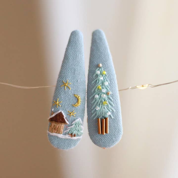 Hand-Embroidered Winter Hair Clips, Blue Christmas Tree for wholesale by Finer Embroidery