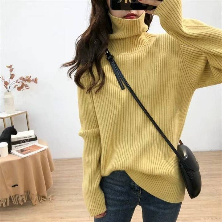 Oversized High Neck Solid Color Mid-Length Sweater for wholesale by FurDecoration