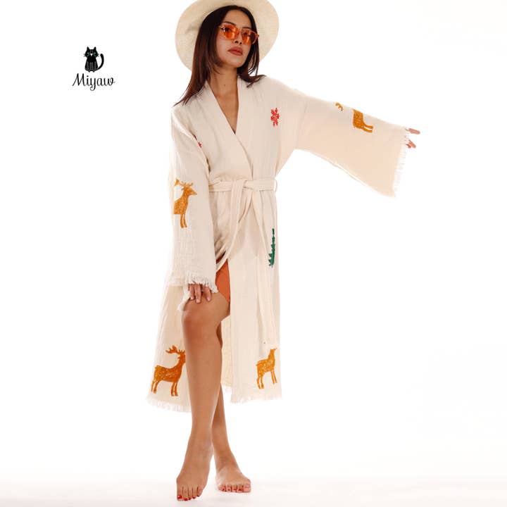 Beige Christmas Tree Santa Kimono Robe – Gift for 2025 Holidays for wholesale on Faire2