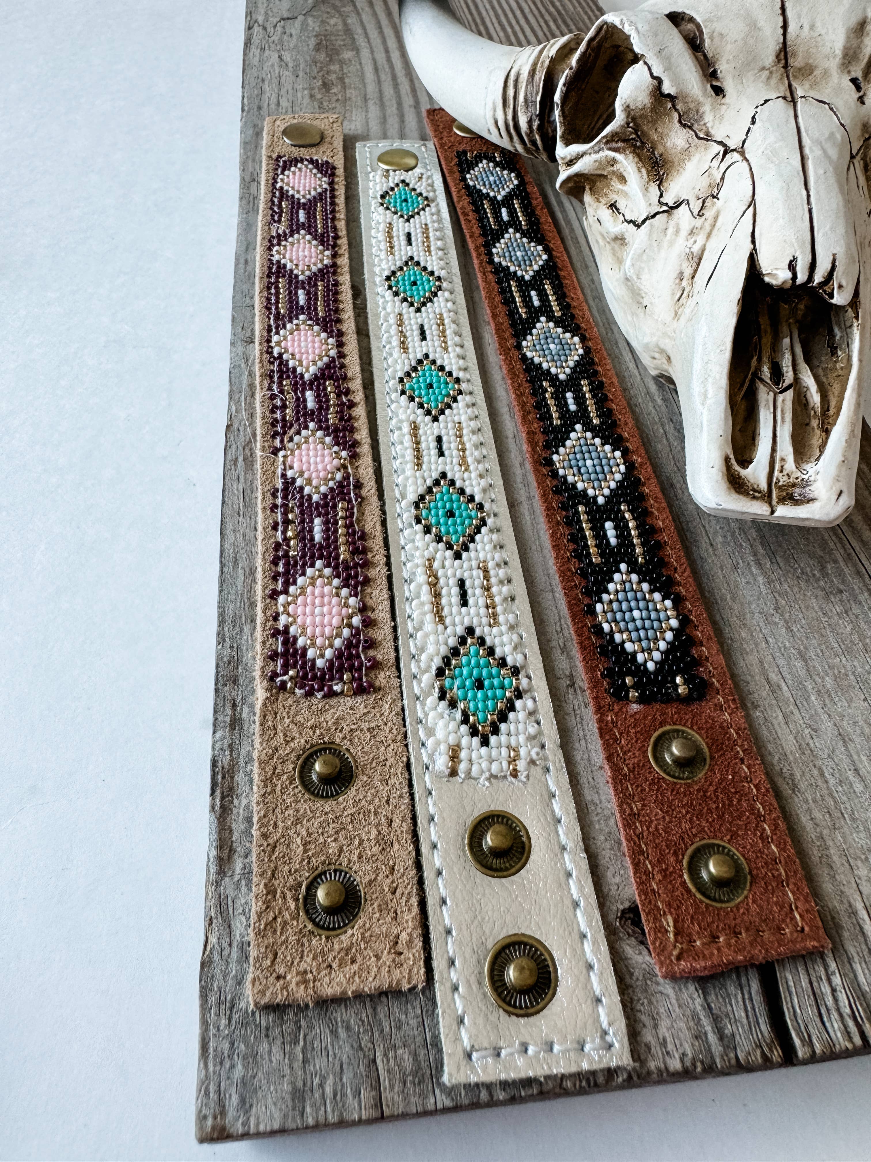 Boho Ranch Shop - Wholesale Cuff Bracelet - Western Aztec Pattern Seed Bead Leather Cuff Bracelet1