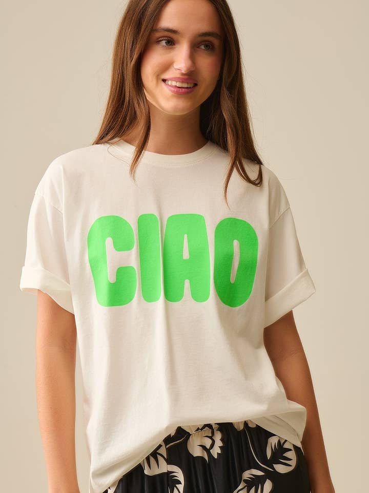White Relaxed CIAO T-Shirt With Green Letters for wholesale on Faire